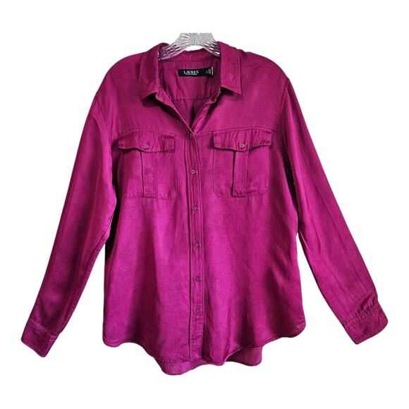 LAUREN RALPH LAUREN Women L Satin Blouse Buttons Fuchsia Pink Viscose Linen 40" - Picture 1 of 7